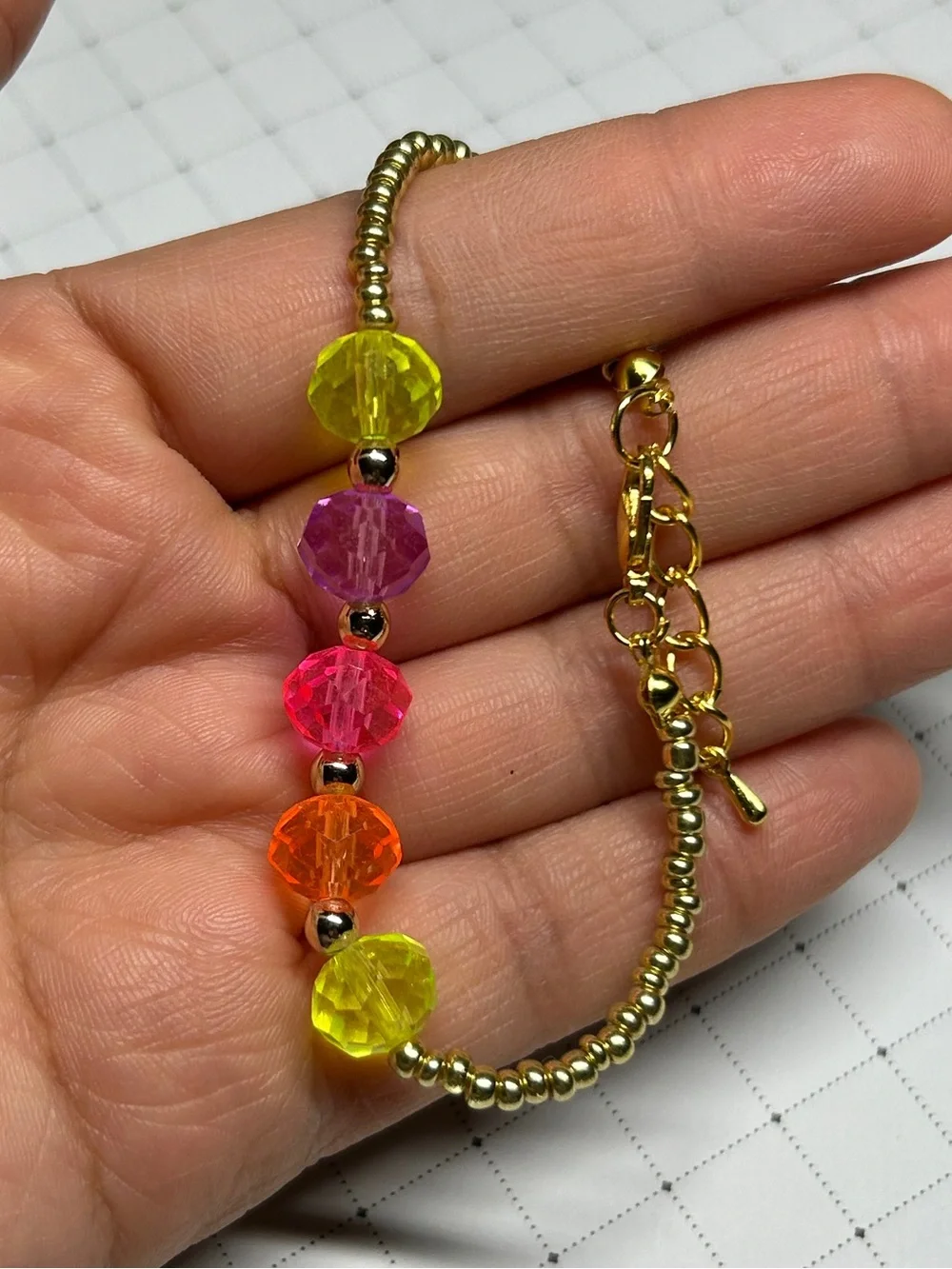Gold Bead Bracelet with Neon Multicolor Faceted Glass Beads